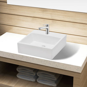 Galleria Design Ceramic Bathroom Sink Basin with Faucet Hole White Square