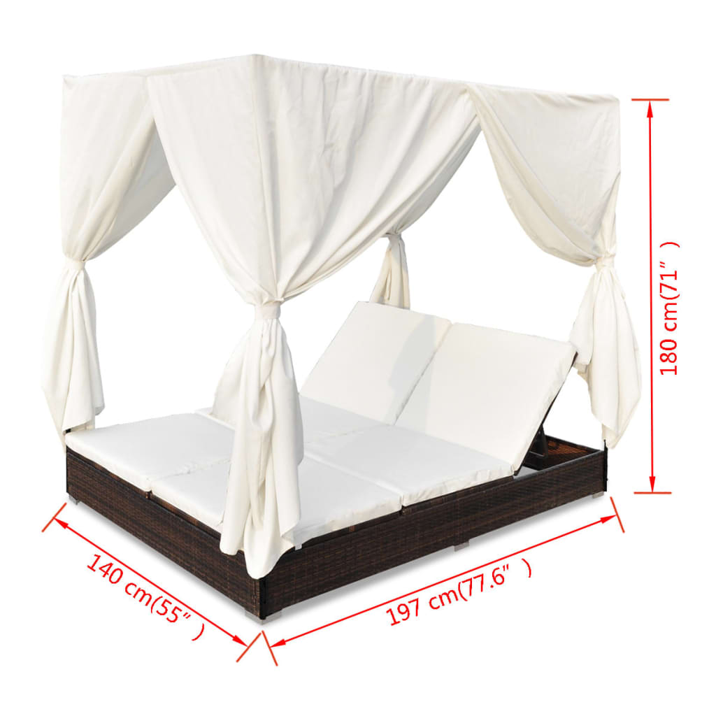 Galleria Design Outdoor Lounge Bed with Curtains Poly Rattan Brown