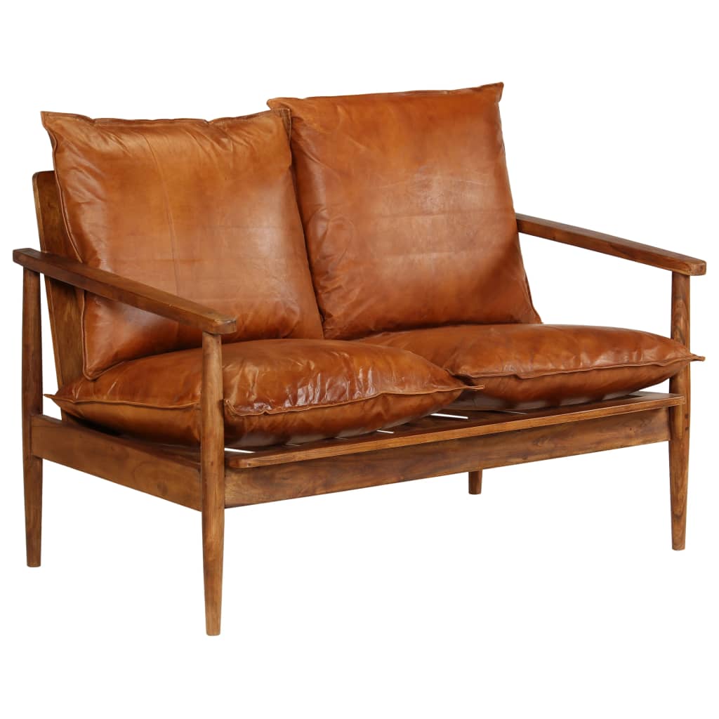 Vidaxl armchair brown real sales leather with acacia wood