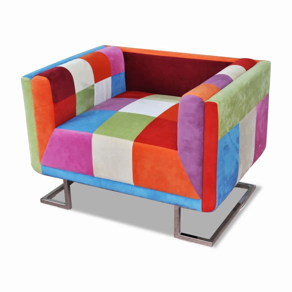 Galleria Design Cube Armchair with Chrome Feet Patchwork Design Fabric