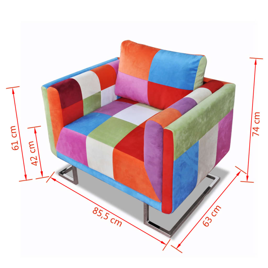 Galleria Design Cube Armchair with Chrome Feet Patchwork Design Fabric