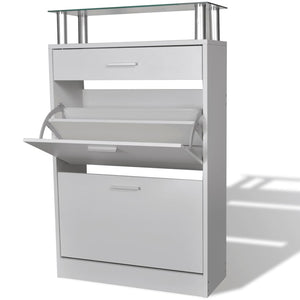 Galleria Design Shoe Cabinet with a Drawer and a Top Glass Shelf Wood White