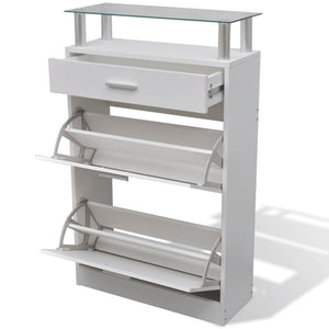 Galleria Design Shoe Cabinet with a Drawer and a Top Glass Shelf Wood White
