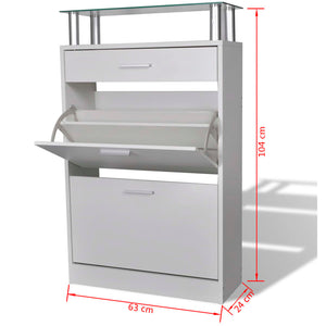 Galleria Design Shoe Cabinet with a Drawer and a Top Glass Shelf Wood White