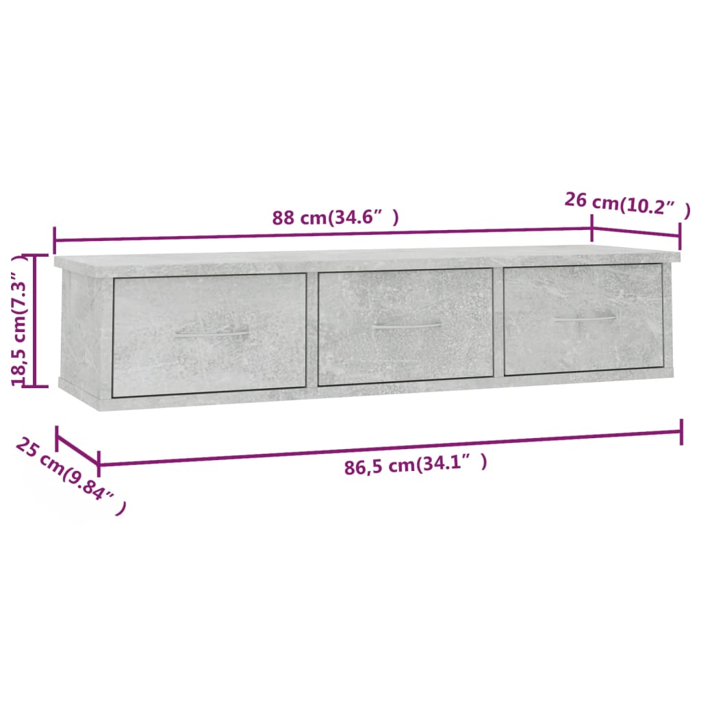 Galleria Design Wall-mounted Drawer Shelf Concrete Grey 88x26x18.5 cm Engineered Wood