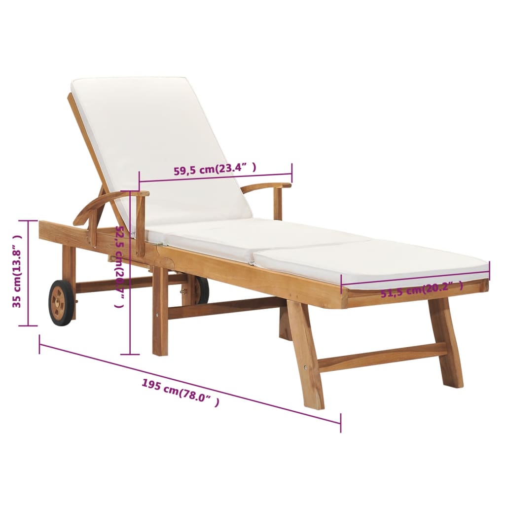 Galleria Design Sun Lounger with Cushion Solid Teak Wood Cream