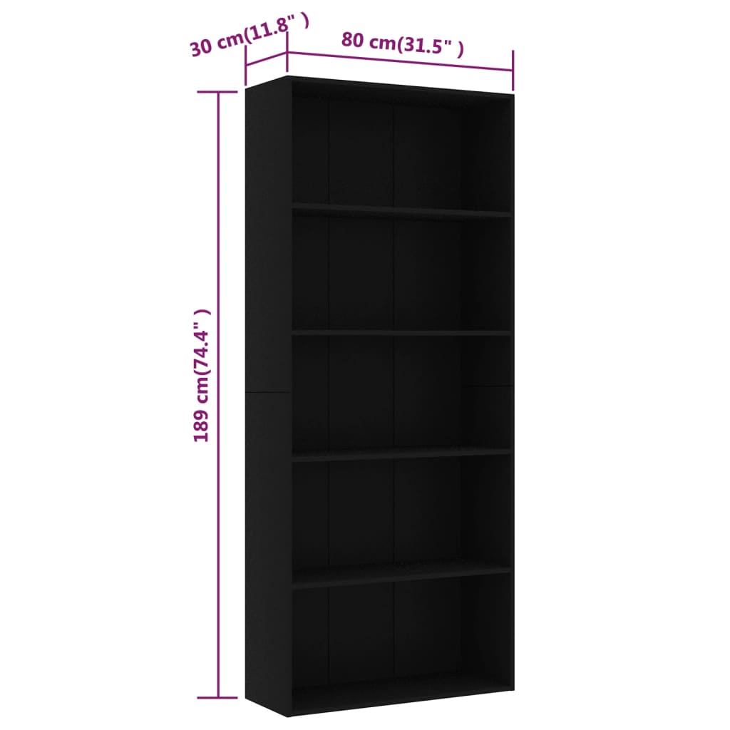 Galleria Design 5-Tier Book Cabinet Black 80x30x189 cm Engineered Wood