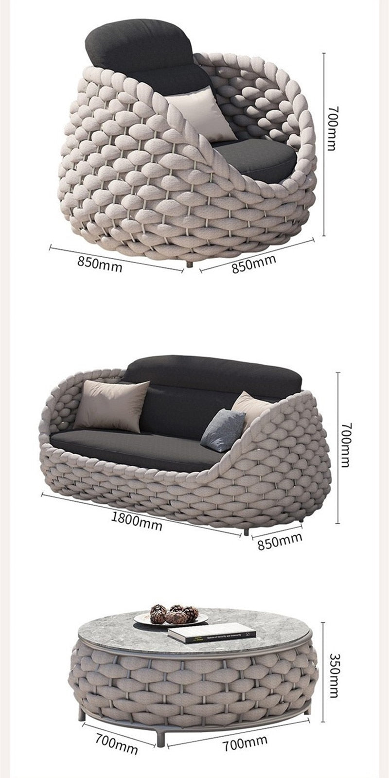 4-person outdoor furniture aluminum wicker - hemp rope  sofa leisure set with cushions